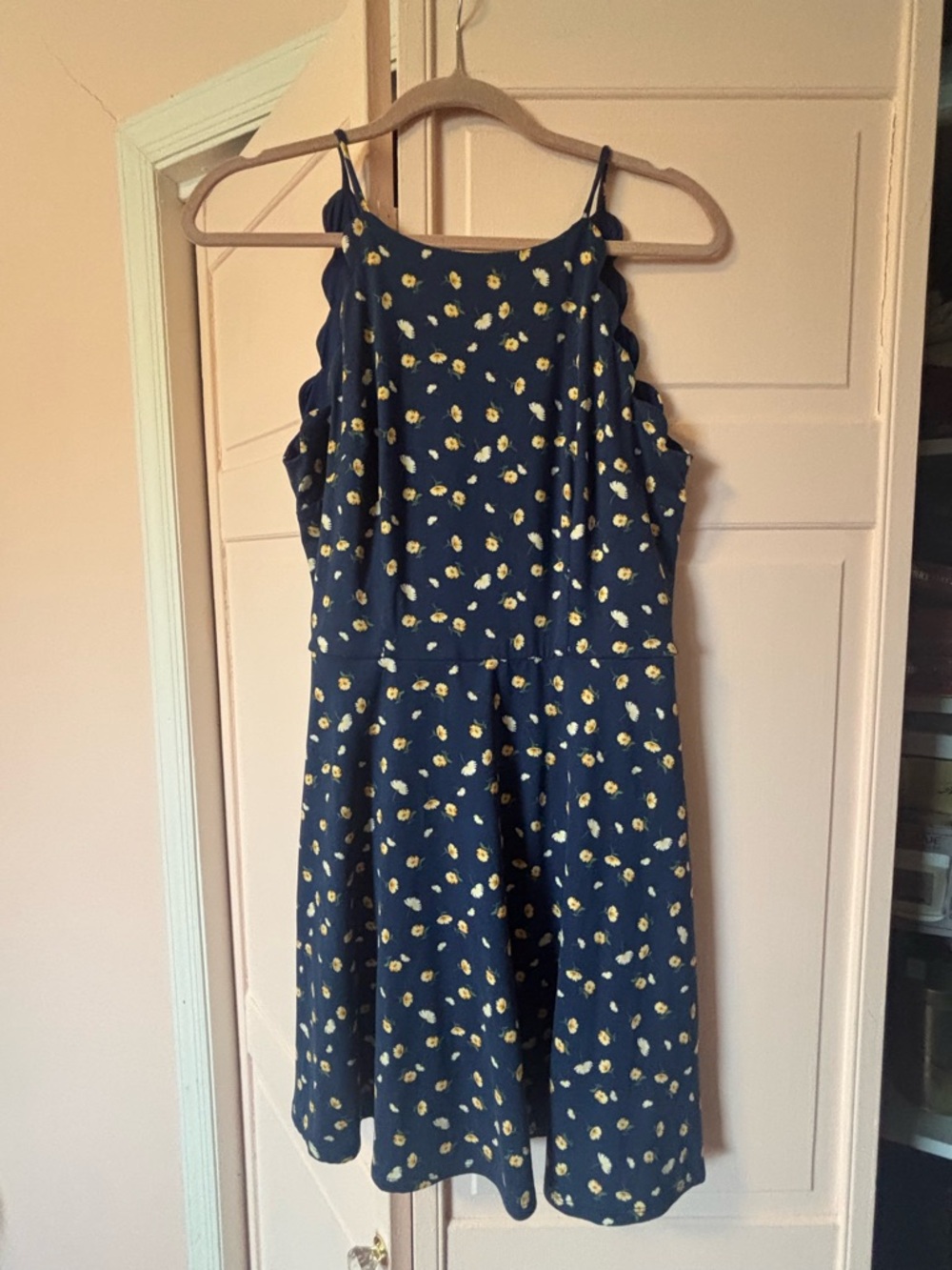Navy Blue Floral Sleeveless Sun Dress - Yellow Daisy Print